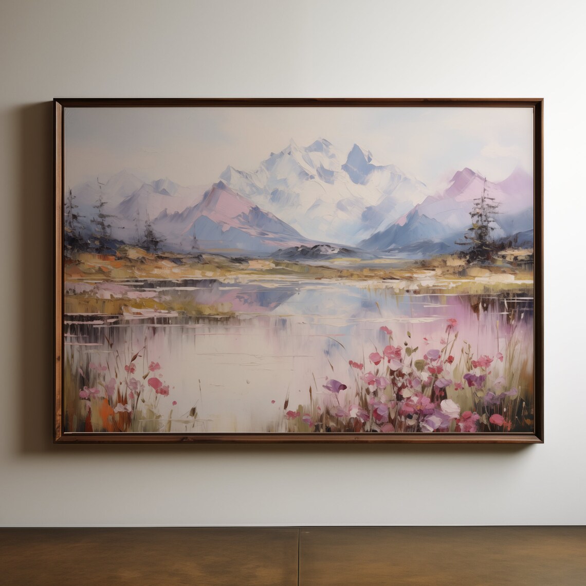 Pastel Floral Mountain Lake Snow Peaks Soft Impressionist Wall Art