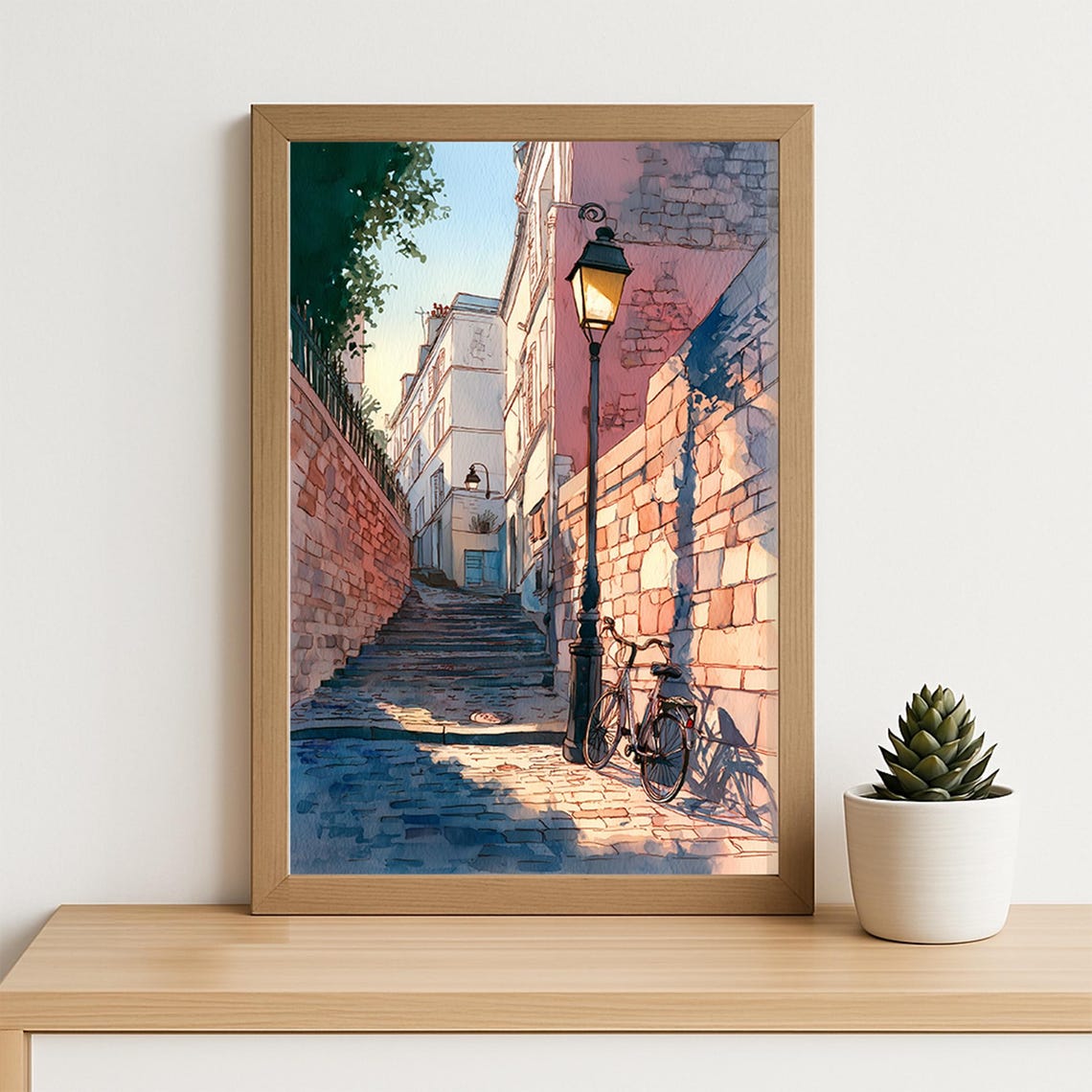 Paris Cobblestone Street With Vintage Bicycle Lamppost Dusk Poster - Image 2
