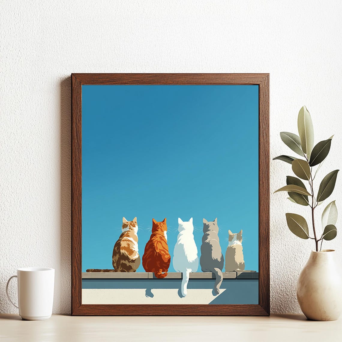 Minimalist Five Cats on a Wall Blue Sky Modern Cat Lovers Poster