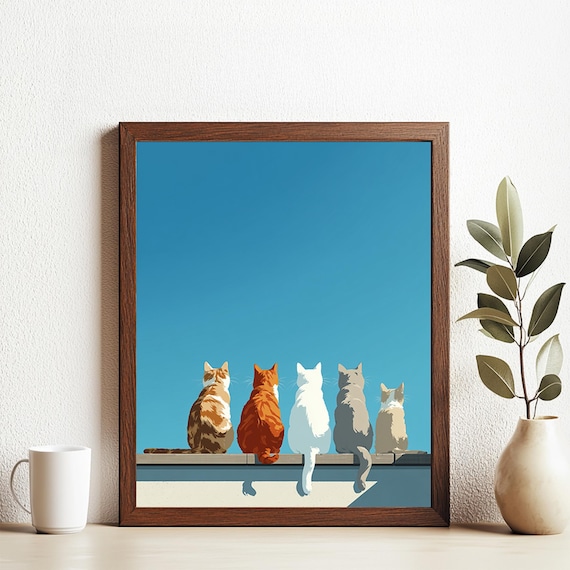Minimalist Five Cats on a Wall Blue Sky Modern Cat Lovers Poster