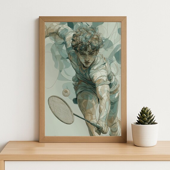 Badminton Player Action Illustration Dynamic Athlete Line Art Poster