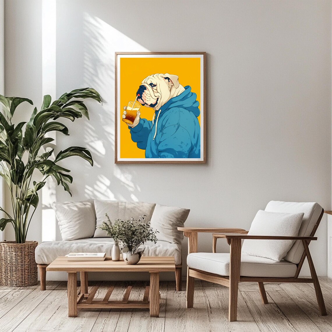 English Bulldog Drinking Iced Coffee Blue Hoodie Funny Pop Art Poster - Image 6