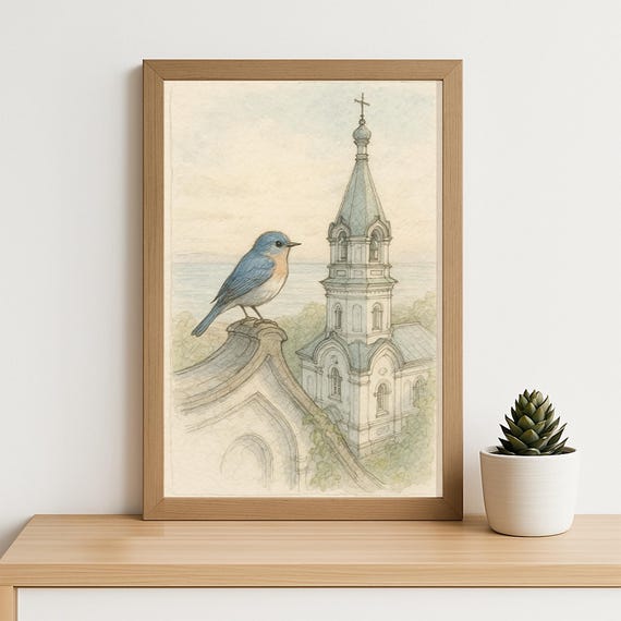 Bluebird Church Tower Illustration Vintage Watercolor Bird Art Print Tranquil Architecture Landscape Spiritual Nature Wall Dec