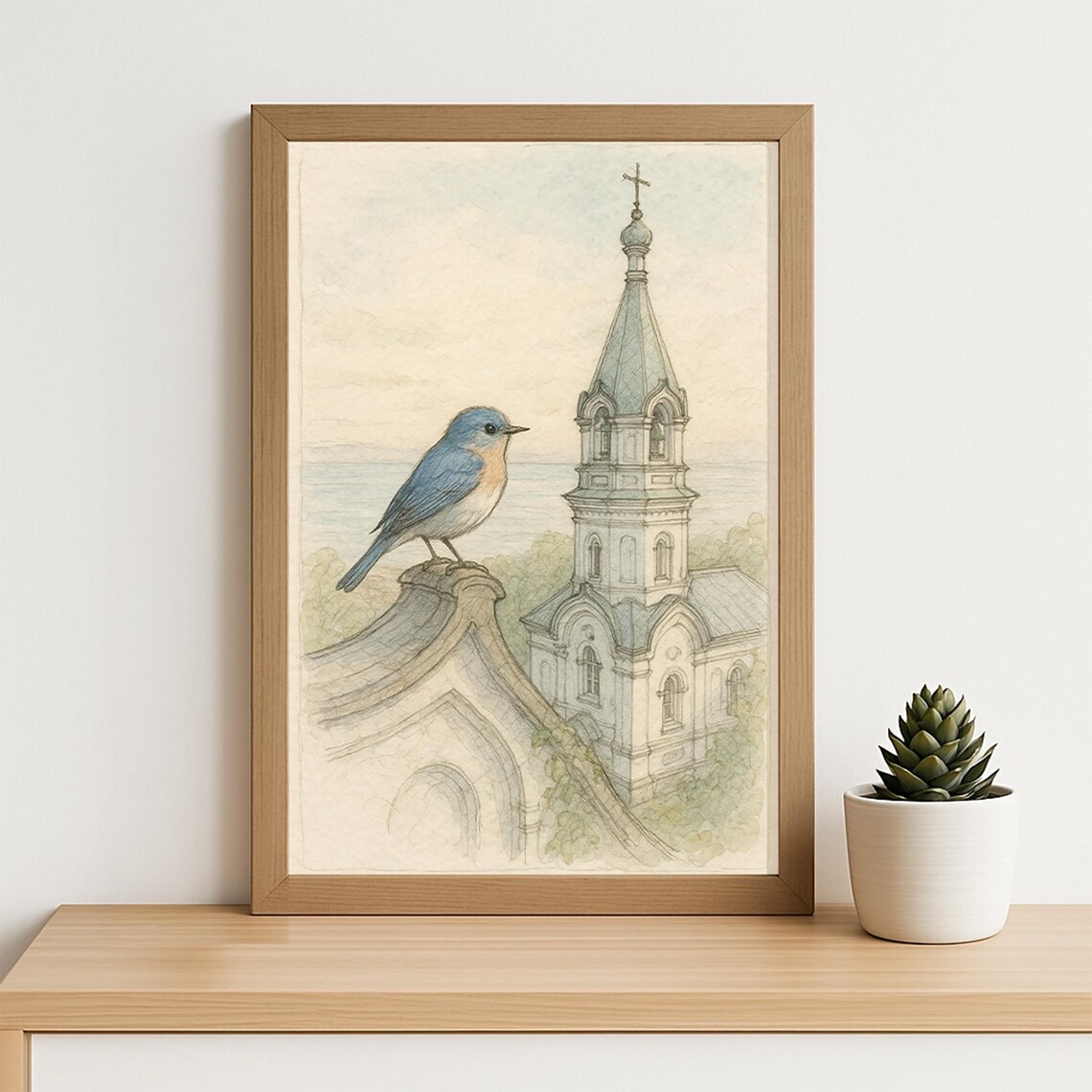 Bluebird Perched by Church Tower Watercolor Nature Art Poster