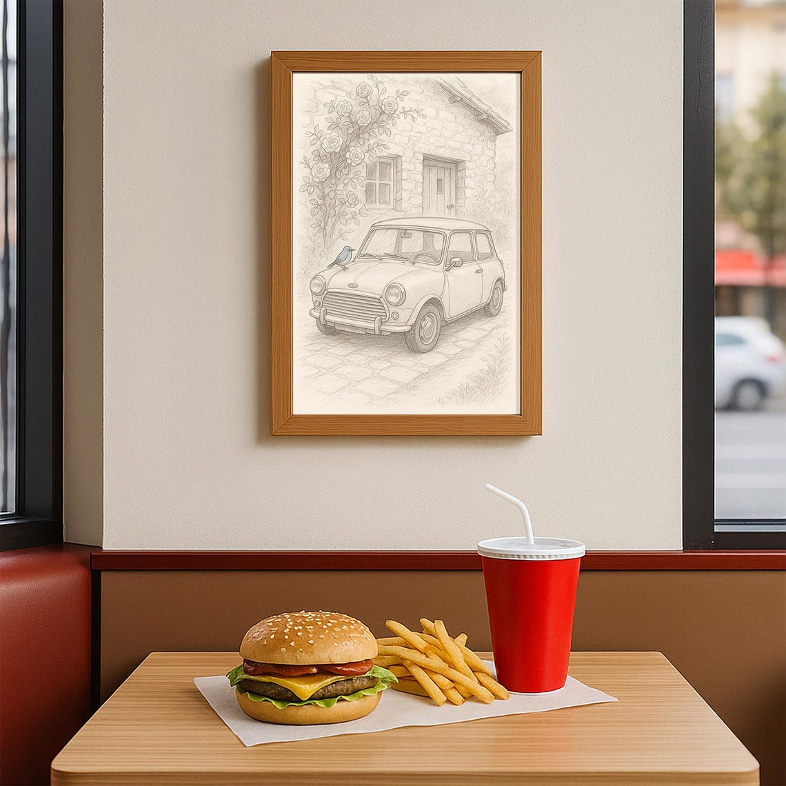 Vintage Mini Car Bluebird Cottage Roses Pencil Sketch Wall Art - Image 2