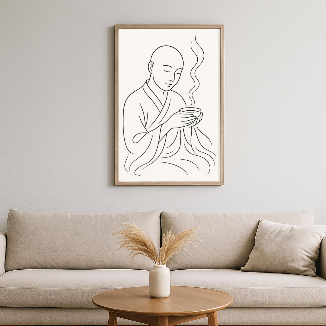 Monk Drinking Tea Line Drawing Zen Calm Mindful Room Art Poster - Image 2