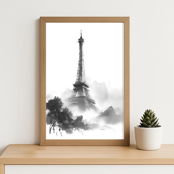 Paris Eiffel Tower Ink Print Minimalist Black And White Watercolor Skyline Wall Art French Travel Poster For Home Decor