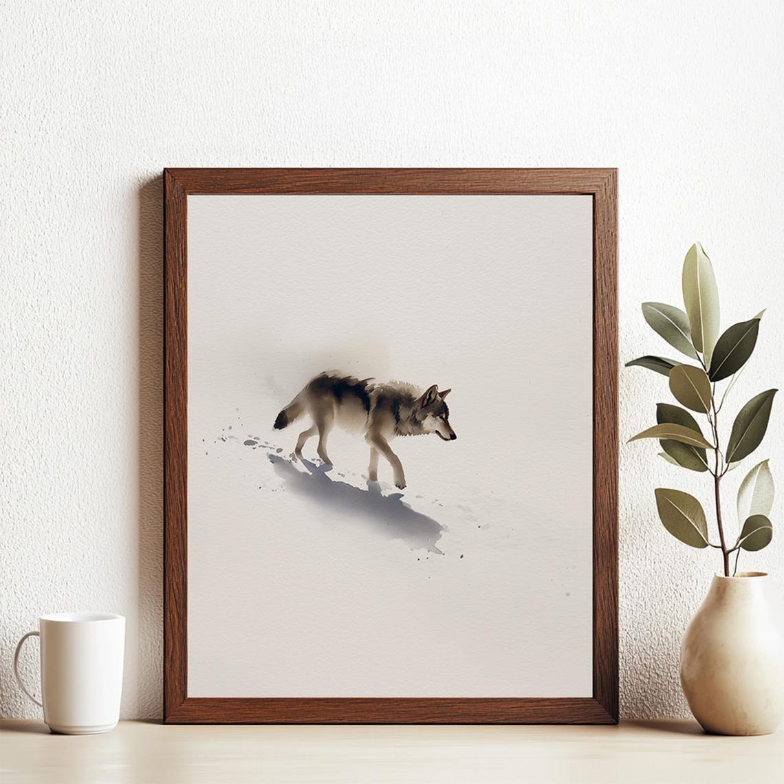 Minimalist Watercolor Lone Wolf Walking Nordic Wildlife Art Poster