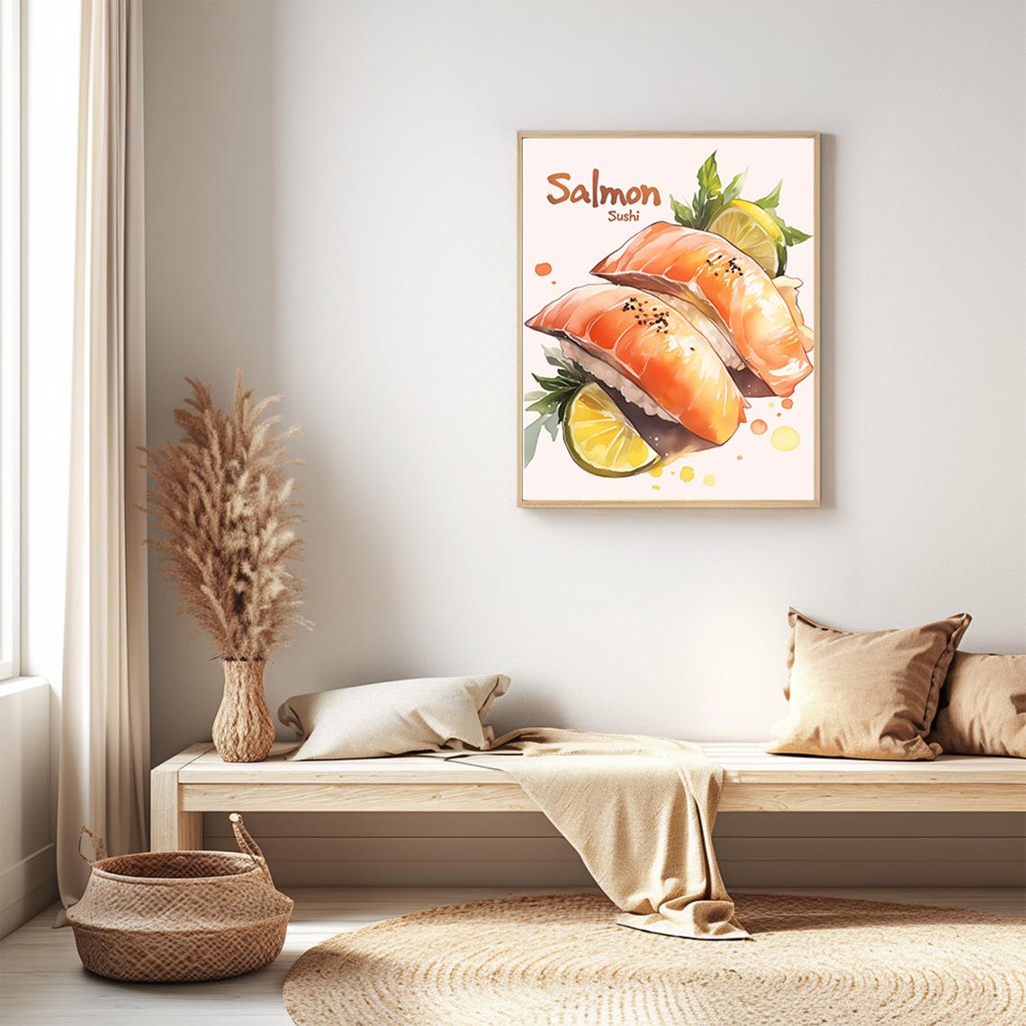Salmon Sushi Watercolor Two Nigiri Lemon Food Kitchen Art Poster - Image 3