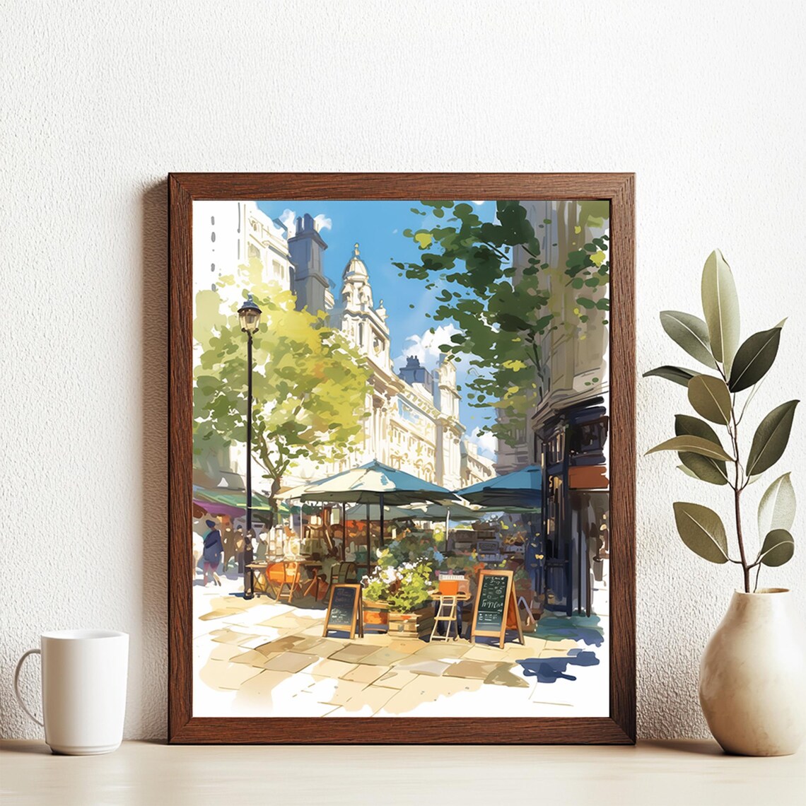 London Market Street Cafe Umbrellas Watercolor Cityscape Poster
