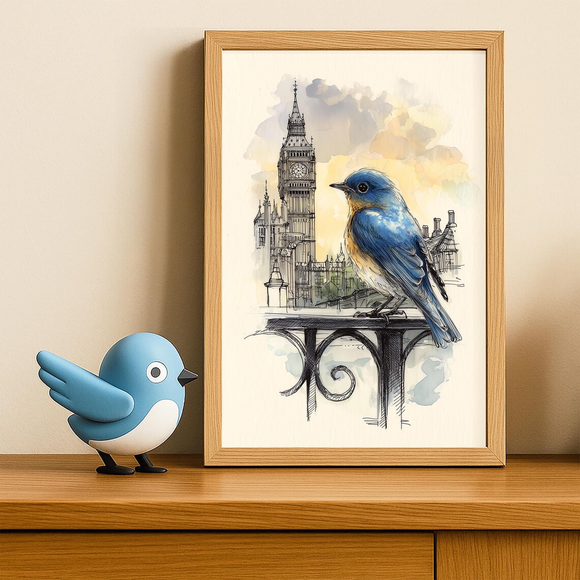 Sweet Bluebird Big Ben London Skyline Bird Watercolor Poster