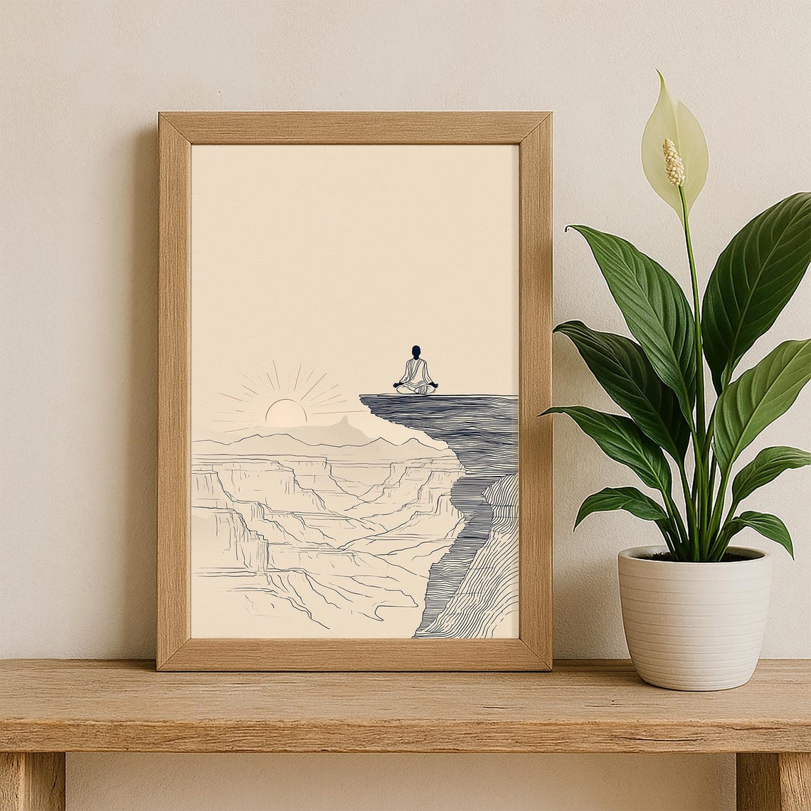 Man Meditating On Canyon Cliff Edge Sunrise Minimalist Line Poster - Image 2
