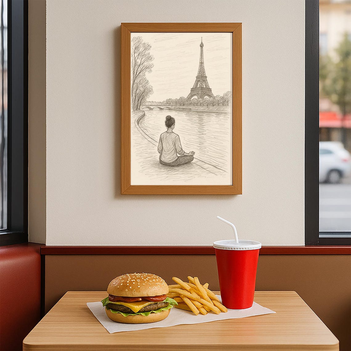 Paris Woman Meditating Seine Eiffel Tower Pencil Sketch Wall Art - Image 2