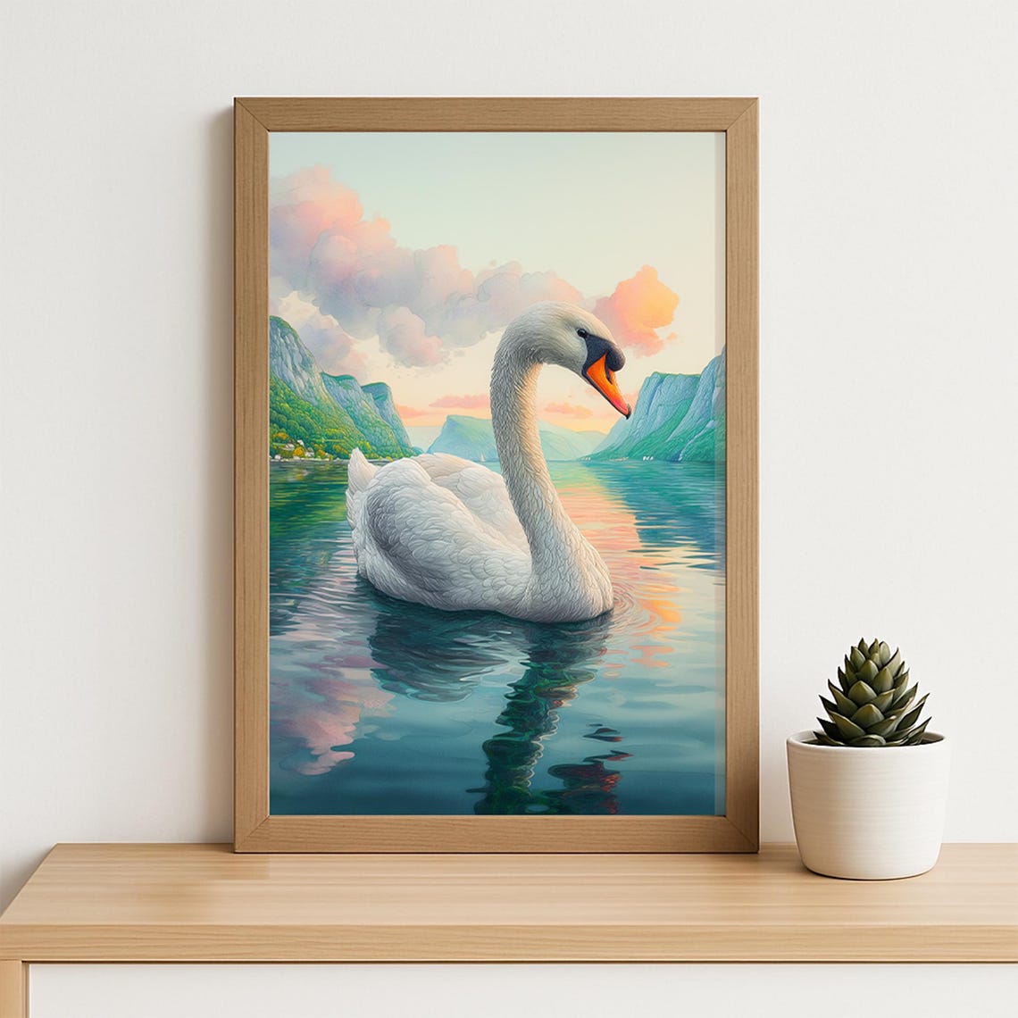 Elegant White Swan At Sunset Lake With Green Cliffs Watercolor Poster - Image 5