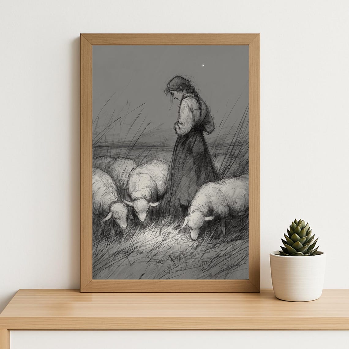 Shepherd Girl With Sheep Monochrome Rural Sketch Minimalist Wall Art