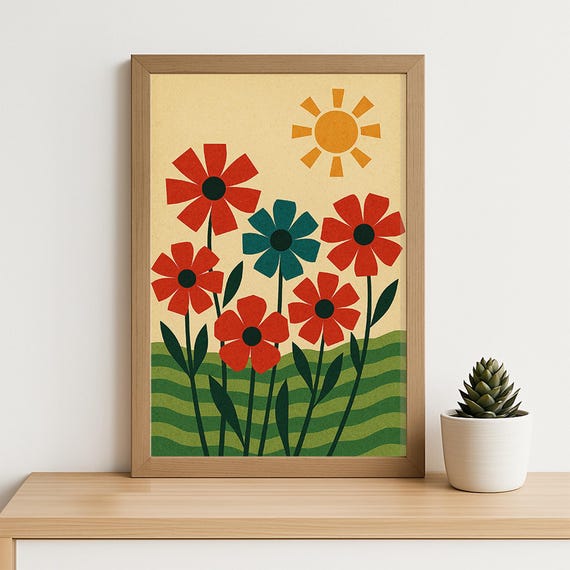 Retro Floral Art Print Bold 70s Style Colorful Flowers And Sun Illustration Vintage Nature Wall Decor For Boho Or Midcentury Home