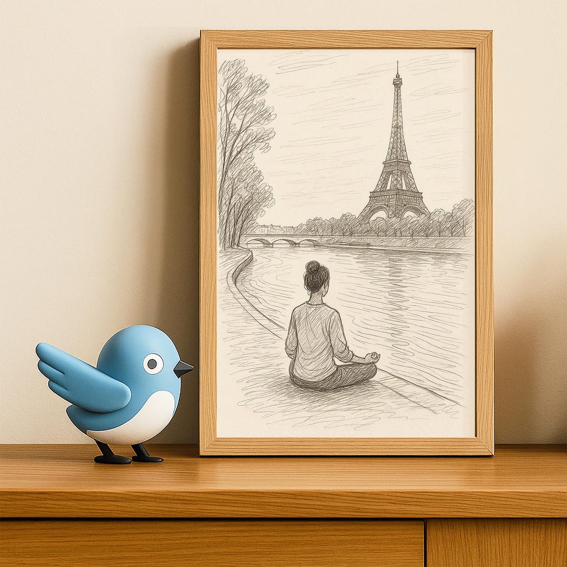 Paris Woman Meditating Seine Eiffel Tower Pencil Sketch Wall Art - Image 4