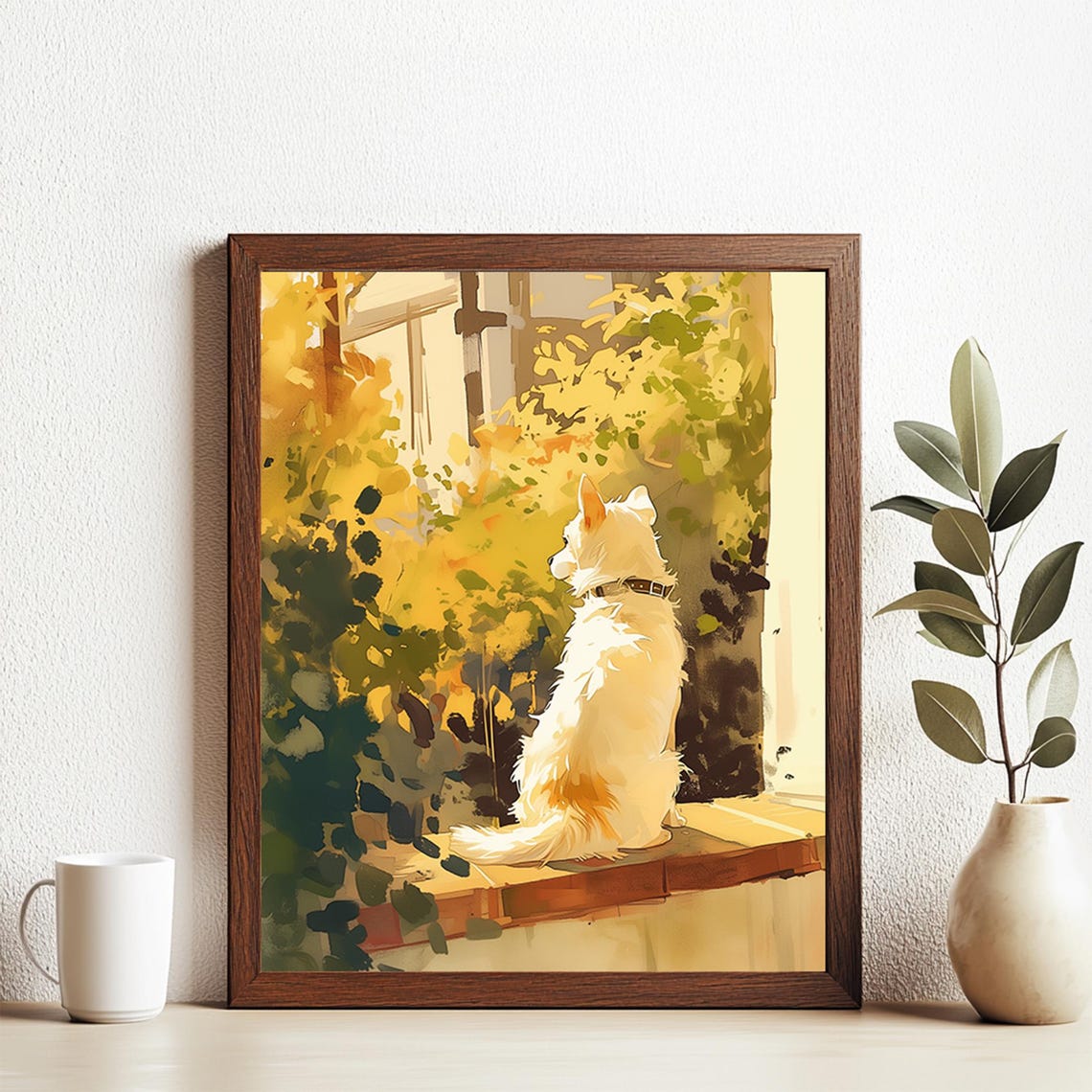 Watercolor White Dog on Windowsill Watching Garden Scene Poster