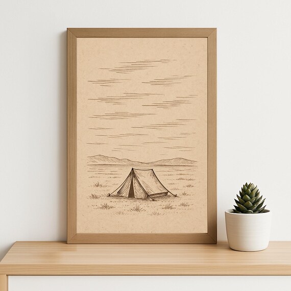 Lone Tent In Vast Landscape Minimalist Vintage Line Art Poster