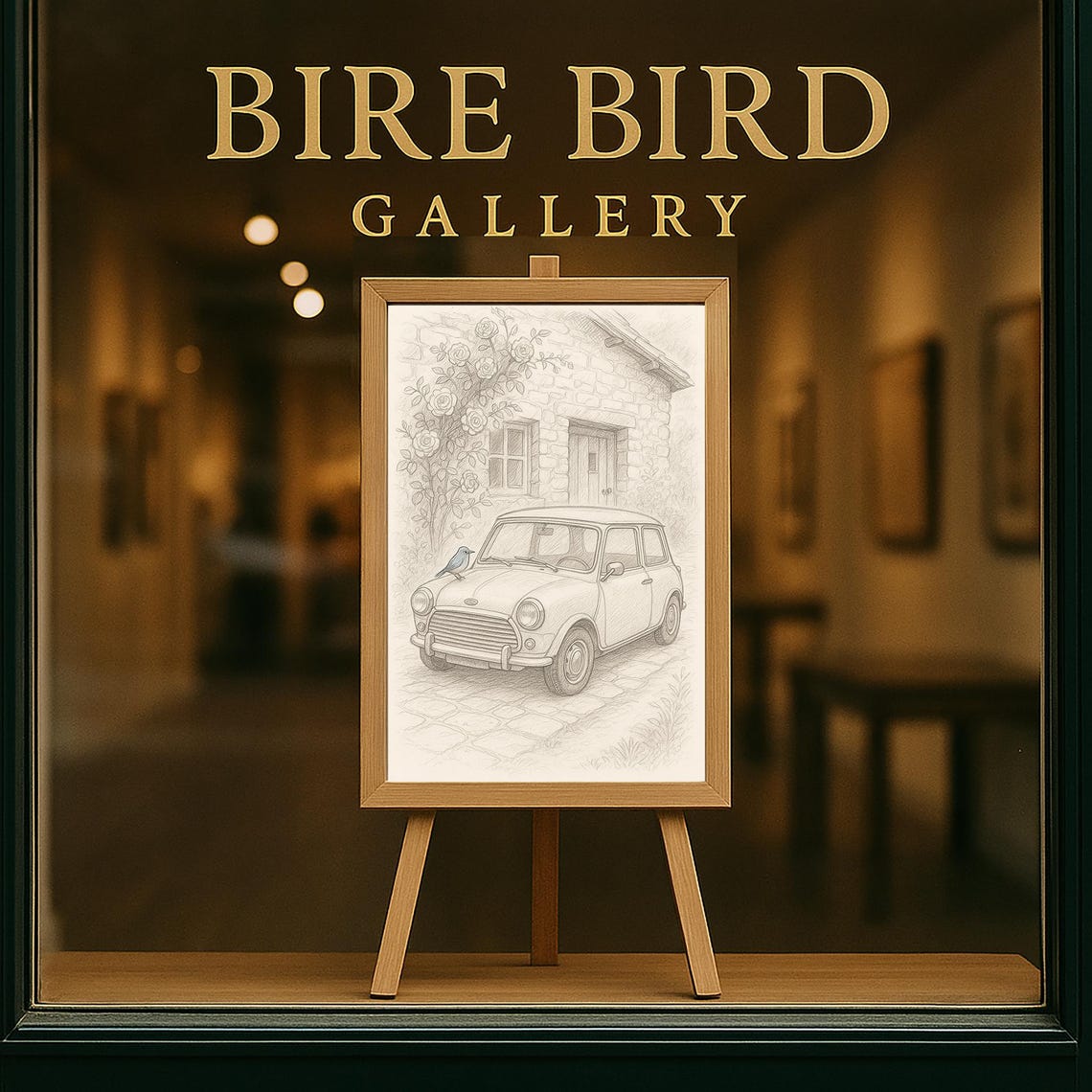 Vintage Mini Car Bluebird Cottage Roses Pencil Sketch Wall Art - Image 5