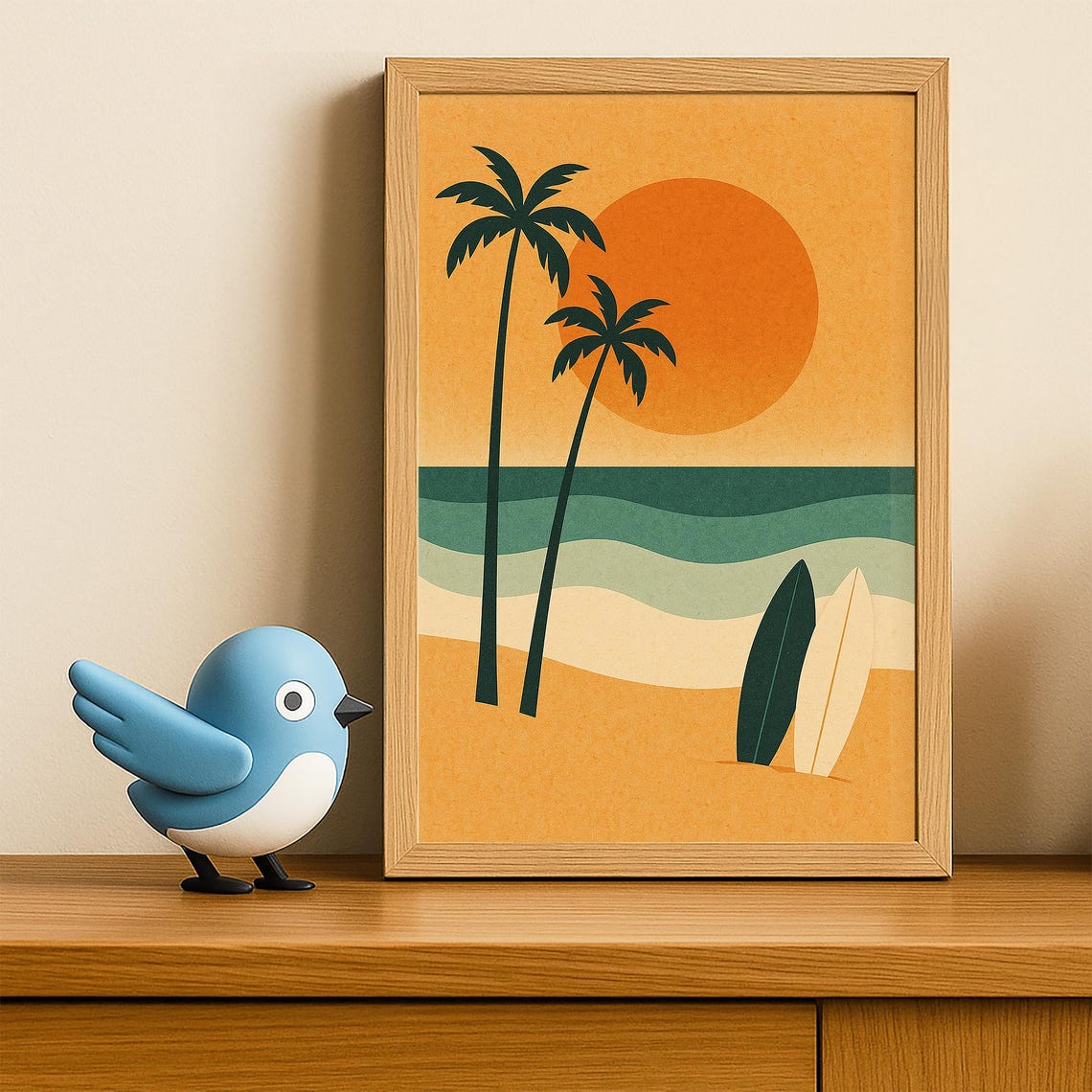 Retro Palm Tree Surf Beach At Sunset Minimalist Coastal Poster