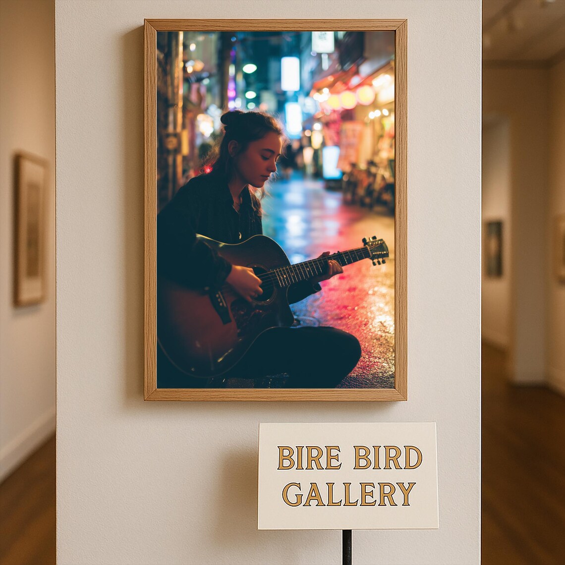 Night Street Guitar Player Neon City Lights Music Photography Wall Print
