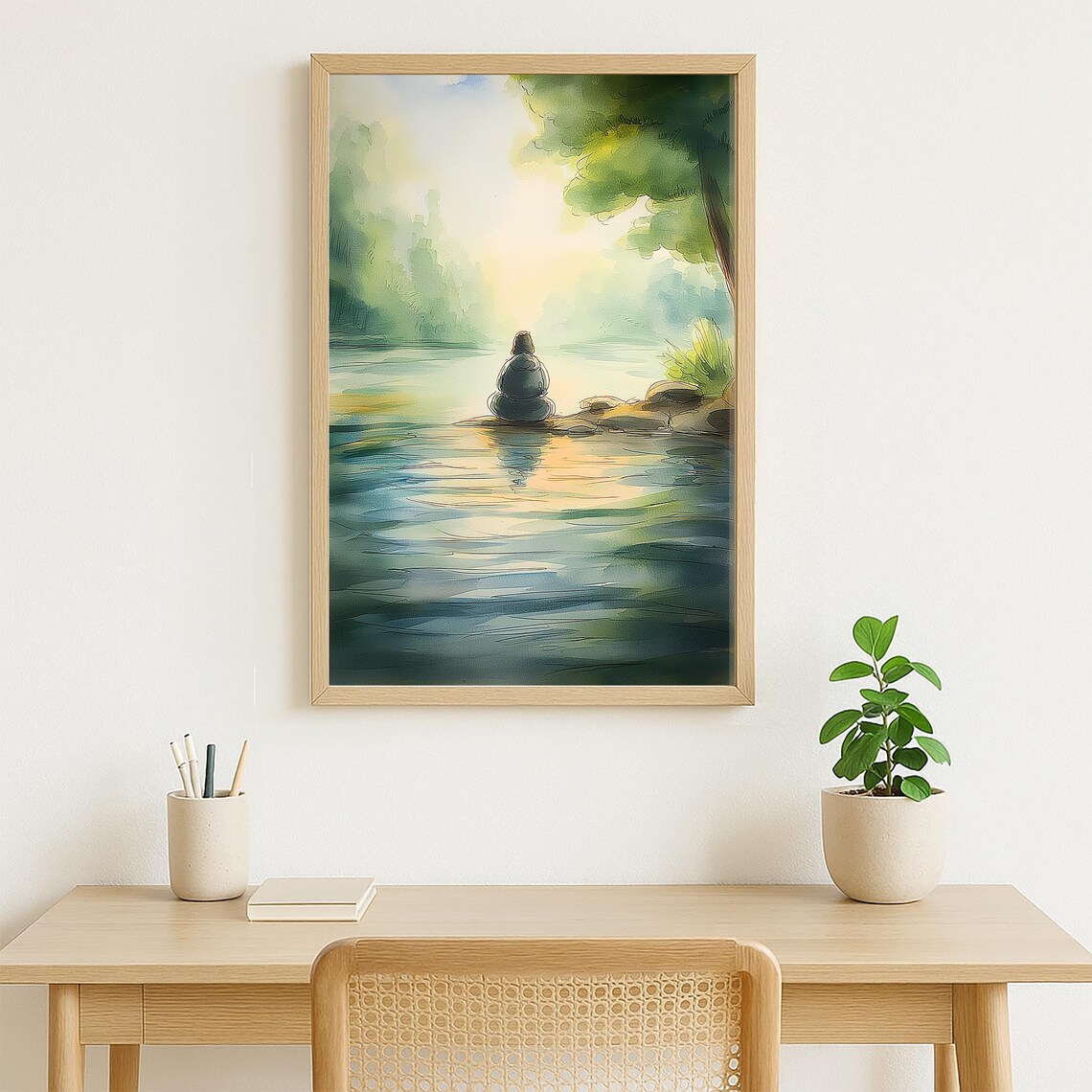 Meditation by Lake Watercolor Calm Stones Peaceful Sunrise Poster - Image 4