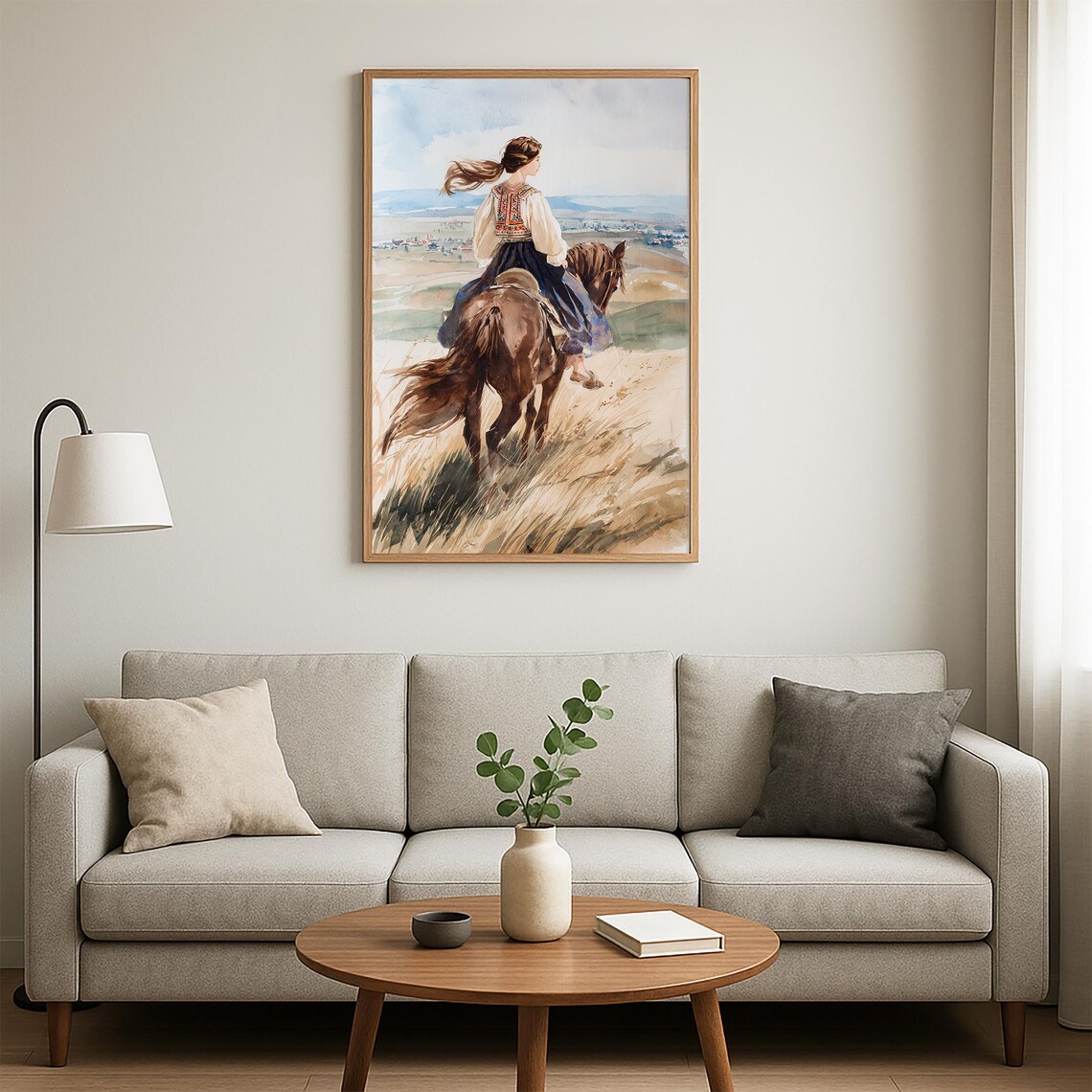 Woman Horseback Riding Folk Dress Golden Hills Watercolor Poster - Image 5