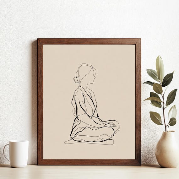 Minimalist Meditation Woman Line Art Print Calm Neutral Zen Wall Decor Elegant Seated Pose Illustration For Yoga Studio Or Mindful Space