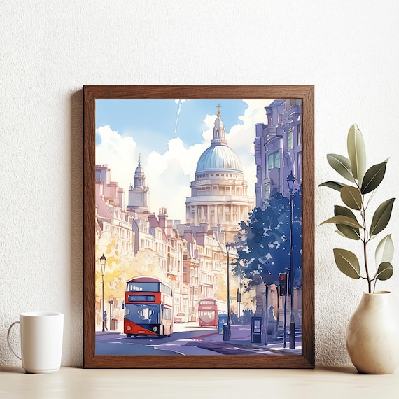 London St Paul's Cathedral Red Double Decker Bus Watercolor Poster