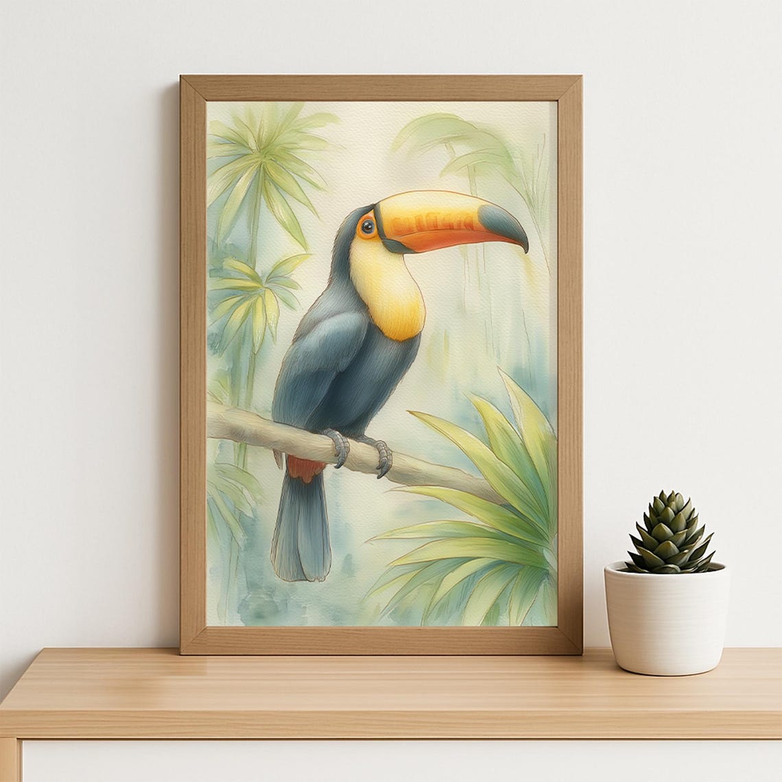 Tropical Toucan Watercolor Jungle Bird Perched Branch Poster