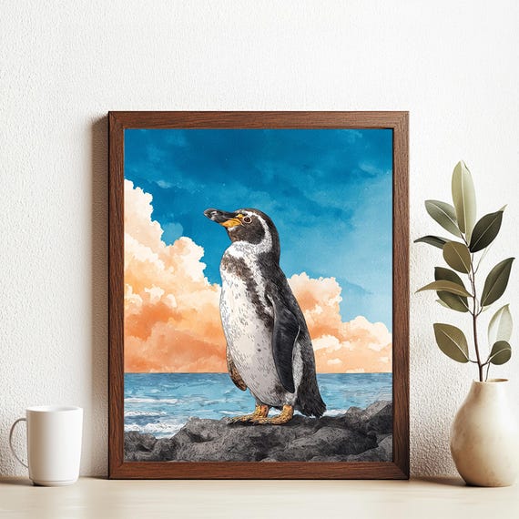 Penguin By The Sea Art Print Sunset Ocean Wildlife Illustration Cute Animal Wall Decor
