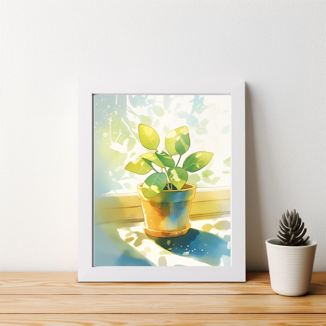 Sunlit Potted Green Plant on a Bright Windowsill Watercolor Poster - Image 4