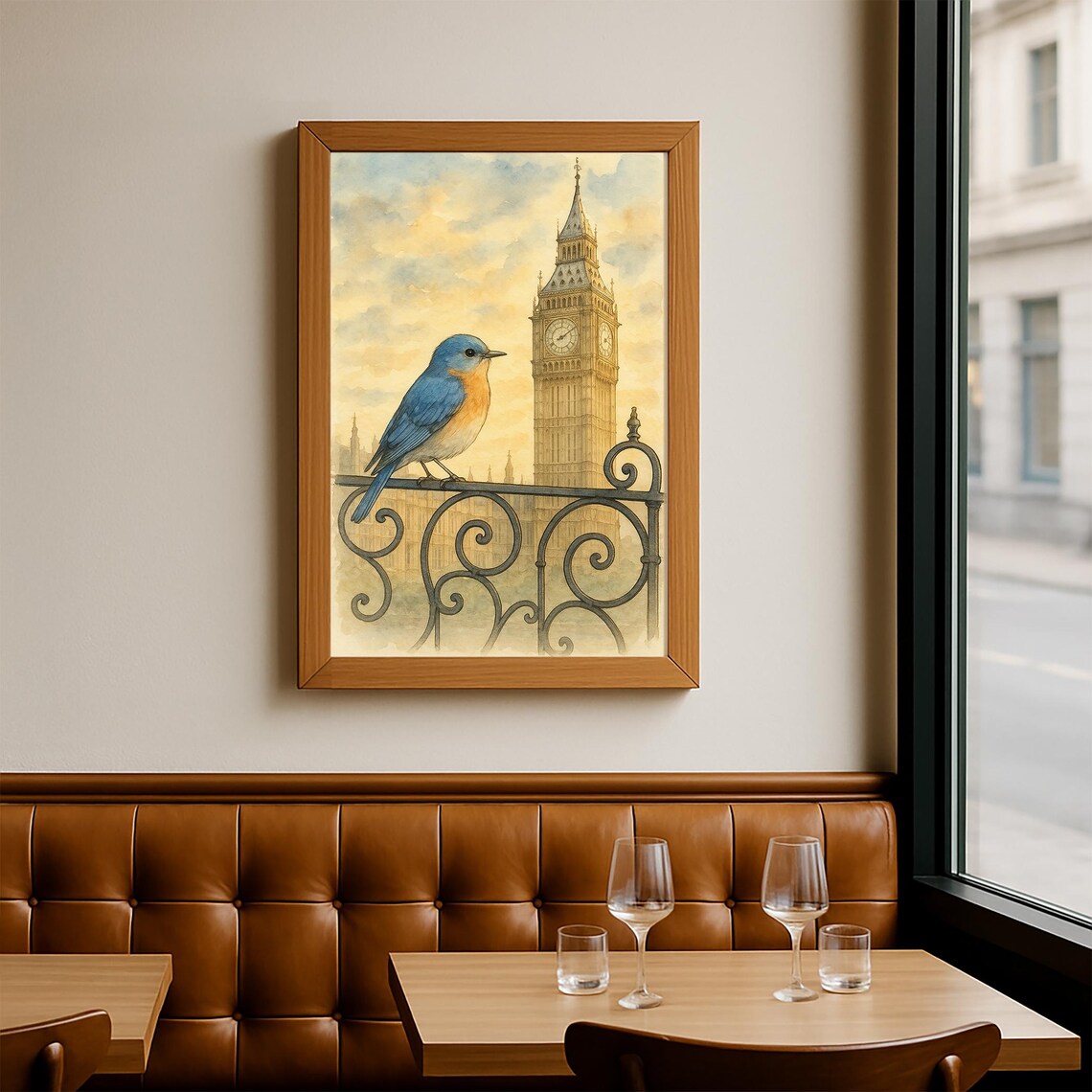 London Bluebird Big Ben Clock Tower Watercolor Bird Painting Poster - Image 2