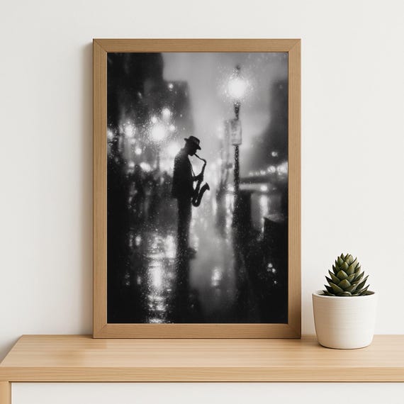 Rainy Jazz Saxophonist Art Black And White City Night Photography Print Cinematic Urban Music Wall Decor