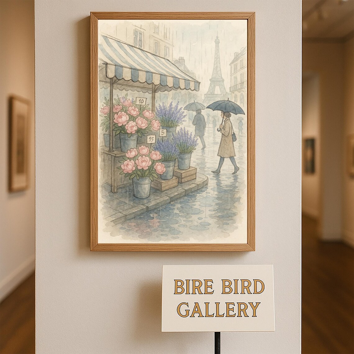 Rainy Paris Flower Market With Eiffel Tower in the Distance Poster