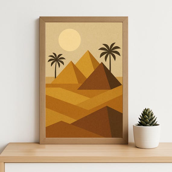 Retro Egypt Pyramids Geometric Wall Art Mid Century Desert Landscape Poster Boho Travel Decor