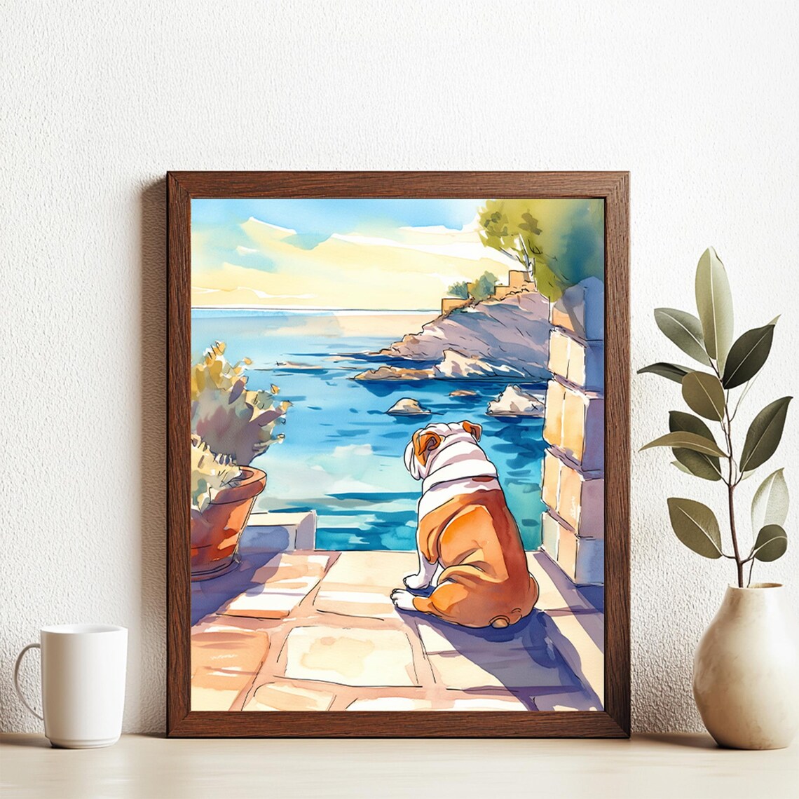 English Bulldog Watercolor Seaside Terrace Coastal View Poster