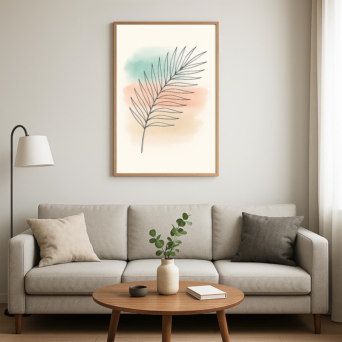 Minimalist Palm Leaf Line Art Pastel Watercolor Botanical Print - Image 5