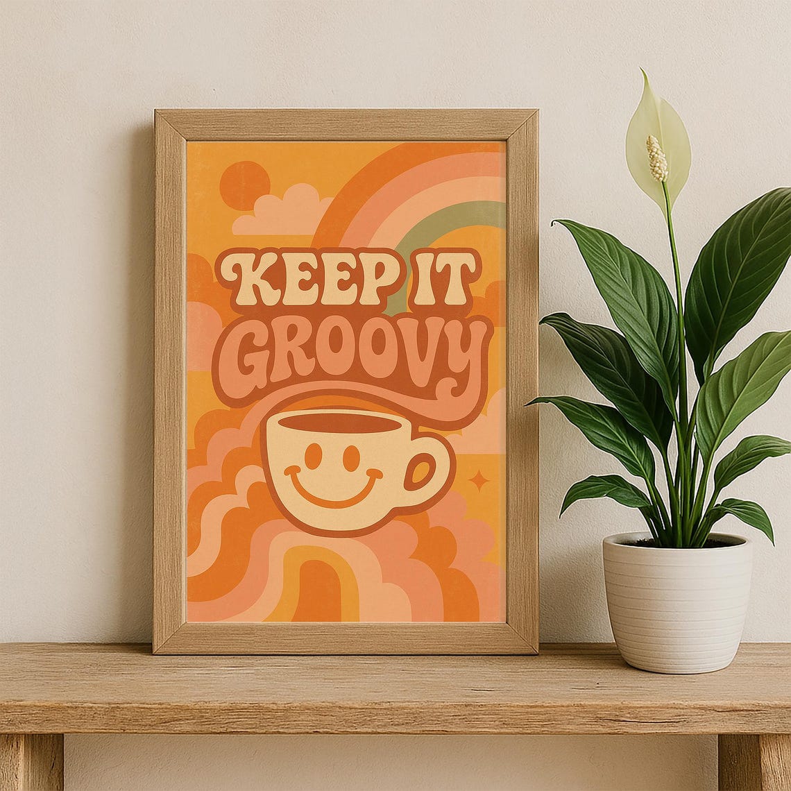 Keep It Groovy Retro 70s Smiley Coffee Cup Rainbow Clouds Poster - Image 3