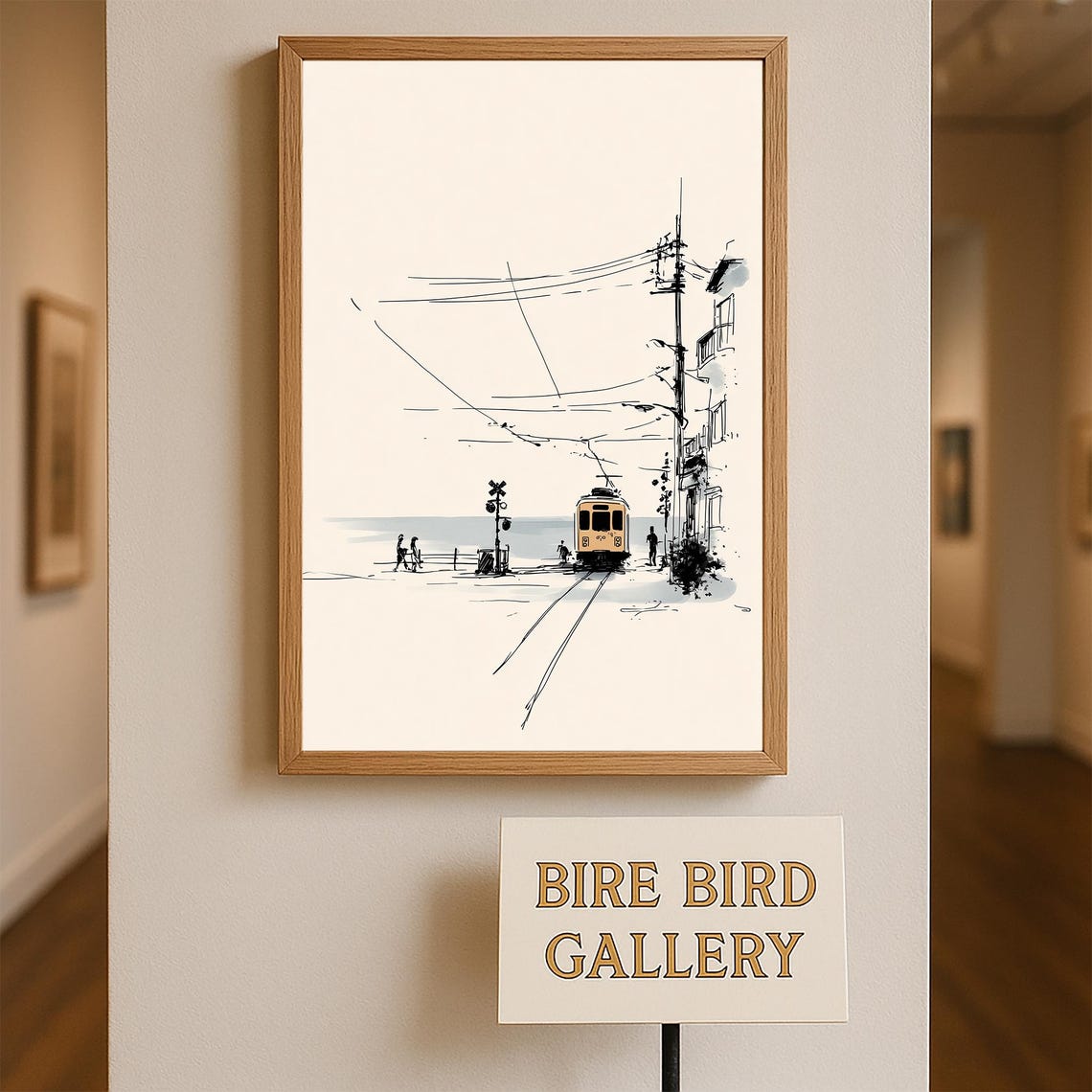 Seaside Tram Sketch Ink Drawing Coastal Line Minimal Art Poster