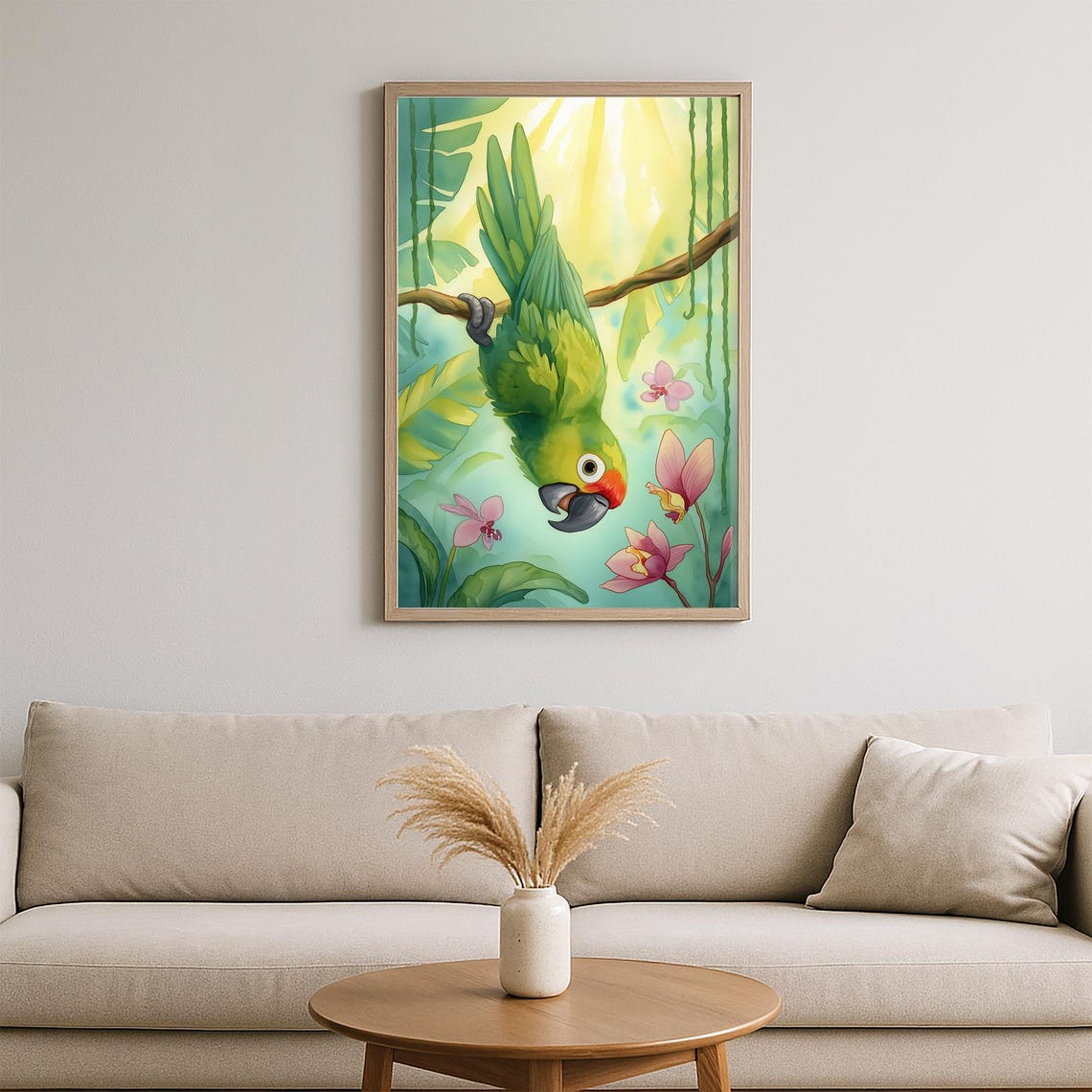 Playful Green Parrot Upside Down Among Pink Orchids Jungle Poster - Image 2
