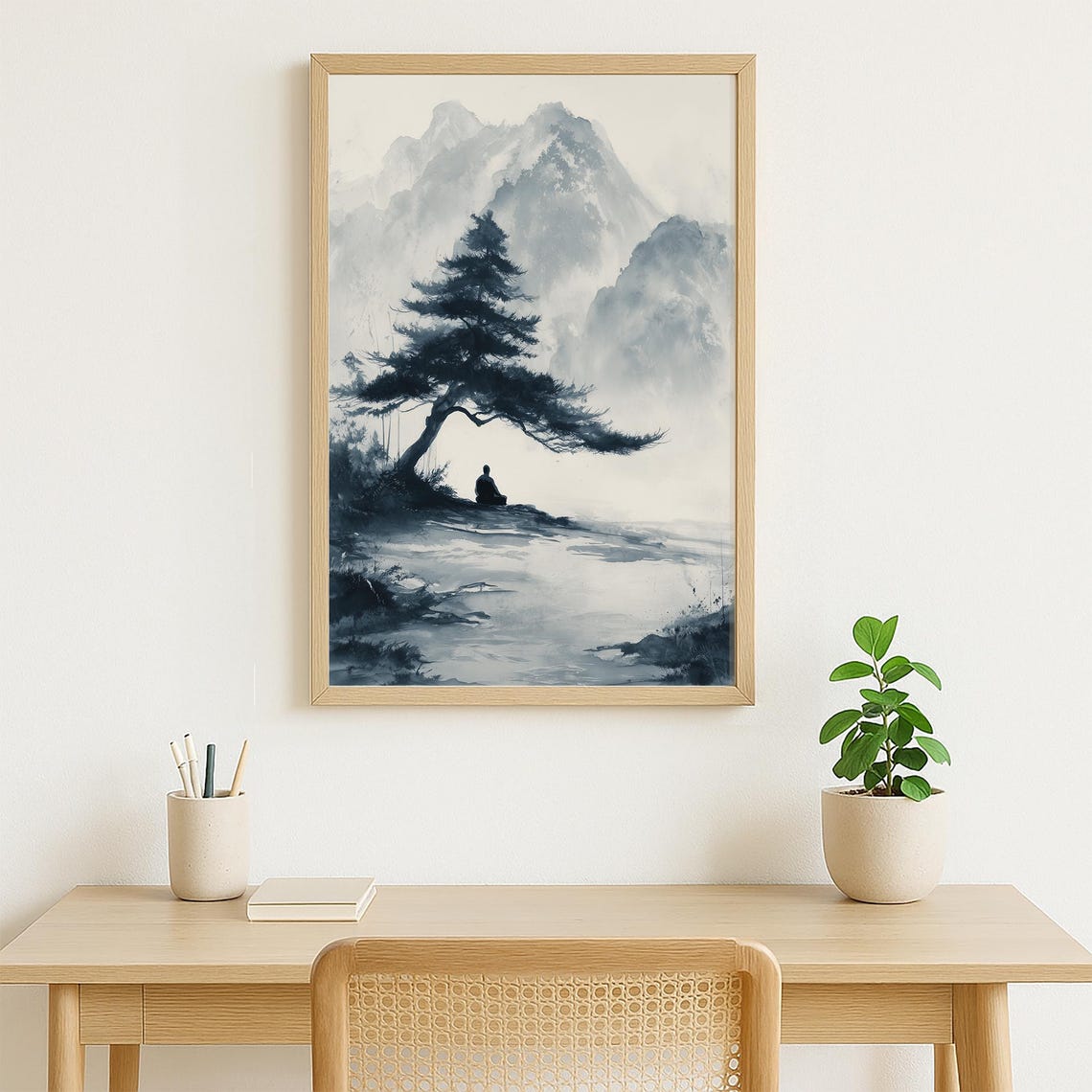 Zen Pine Tree Misty Lake Mountains Ink Wash Meditation Art Poster - Image 3
