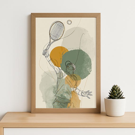 Tennis Serve Line Art Poster Modern Abstract Sports Athlete Action Wall Minimalist Player