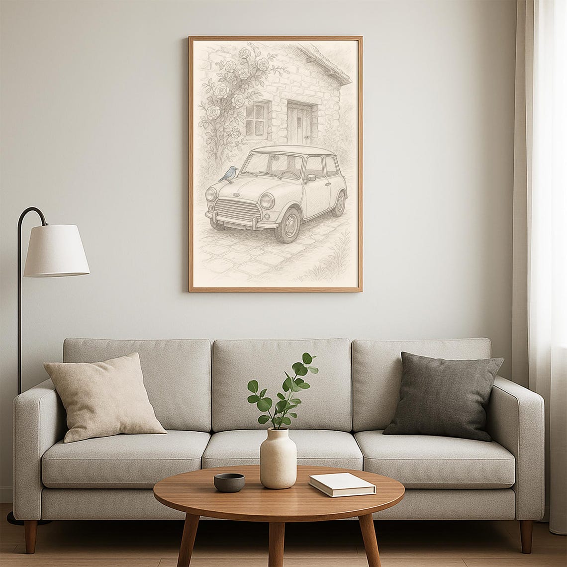 Vintage Mini Car Bluebird Cottage Roses Pencil Sketch Wall Art - Image 3