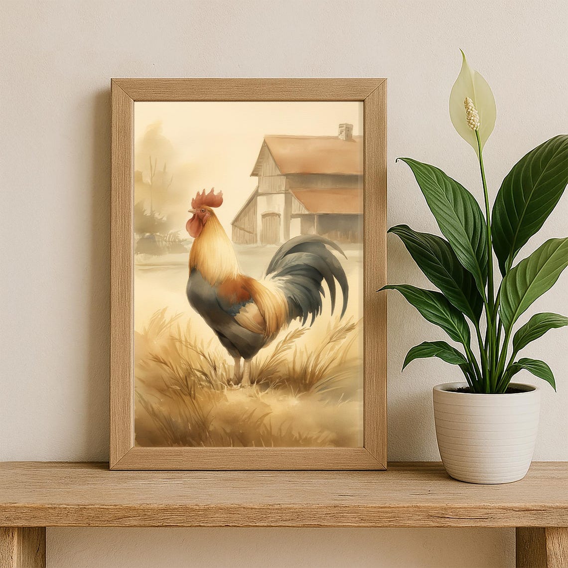 Proud Rooster In Golden Wheat Field With Rustic Barn Watercolor Poster - Image 2