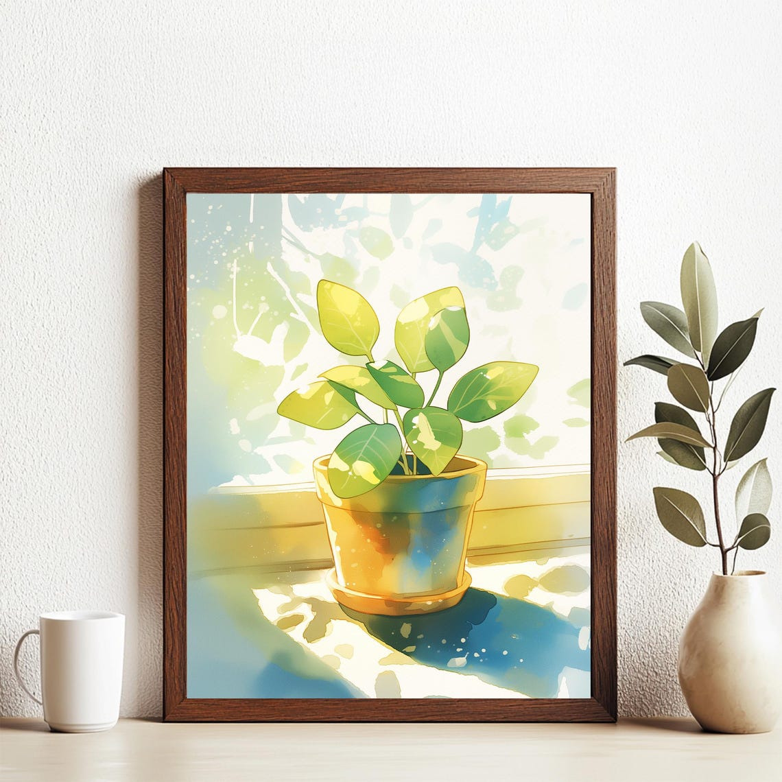 Sunlit Potted Green Plant on a Bright Windowsill Watercolor Poster