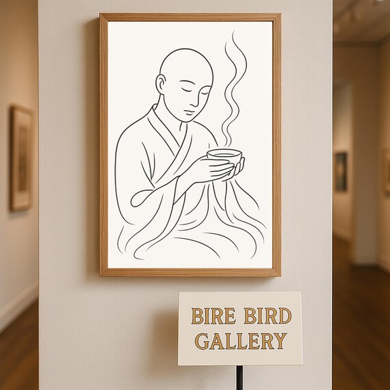 Monk Drinking Tea Line Drawing Zen Calm Mindful Room Art Poster