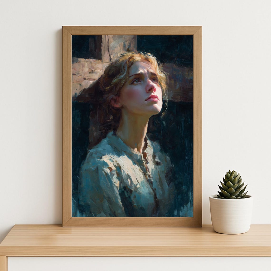 Young Woman Gazing Upward Impressionist Oil Painting Portrait Poster