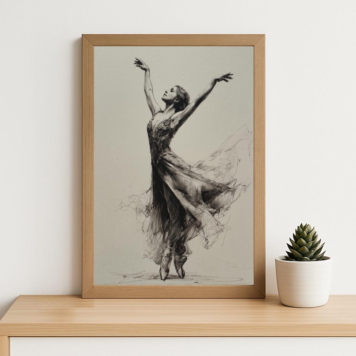 Graceful Ballet Dancer Mid Dance Ink Sketch Flowing Dress Poster
